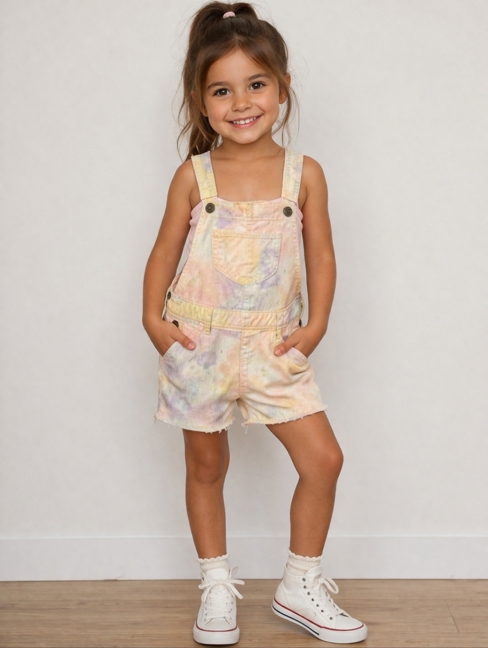 3/$30 PLACE Pastel Tie Dye Cut-Off Easter Overall Shorts Girls Size 5